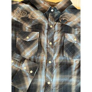 Bit & Bridle Women's Large Browns/Blue/Tan Western Shirt‎ Faux Pearl Snaps